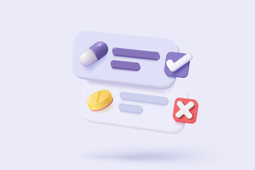 3d first aid medicine with check list for health pharmaceutical. Cartoon minimal of first aid and health care. Medical symbol of emergency help. 3d pharmacy drug icon vector render illustration