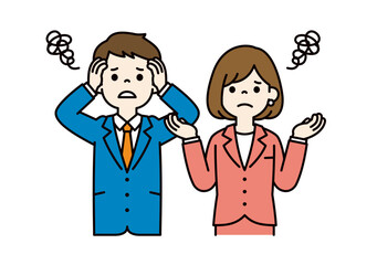 困った顔で頭を抱える、ビジネスマンのベクターイラスト素材＿男女セット＿カラー