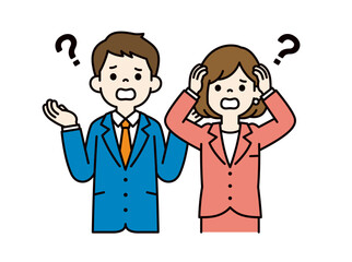 ポカンと口をあけて悩む、ビジネスマンのベクターイラスト素材＿男女セット＿カラー