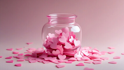 Glass Jar Filled with Pink Hearts on a Sweet Romantic Background