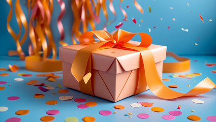 Festive Pink Gift Box with Orange Ribbon and Colorful Confetti on Blue Background