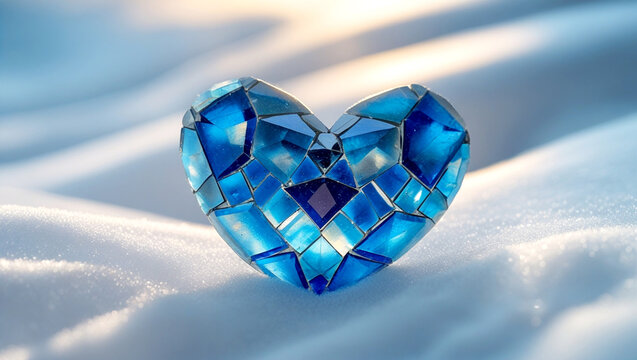 Blue Crystal Heart on Snow Representing Winter Love and Fragility