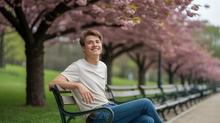 Obraz premium Youthful Joy: A Springtime Portrait Under Cherry Blossoms