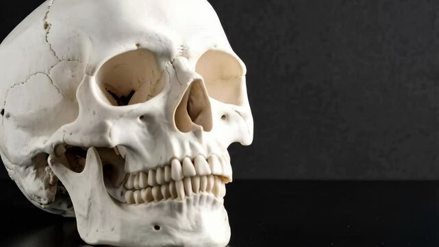 Anatomical model of a human skull, positioned in profile on a dark, glossy surface, perfect for educational or scientific uses.