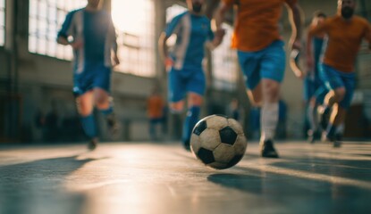 Fototapeta premium Soccer ball during indoor game with players running