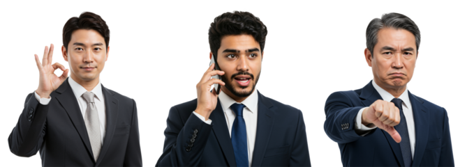 Diverse Group of Professional Men in Business Suits Expressing Different Emotions and Roles