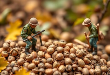 Miniature figures harvesting nuts, tiny tools, organic, tools
