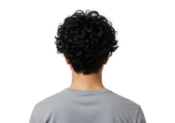 Back view of curly-haired man, isolated on white or transparent background. PNG