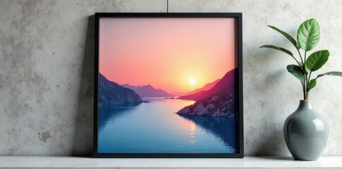 Sleek black frame on rough concrete; minimalist art display , still life, shadow, wall