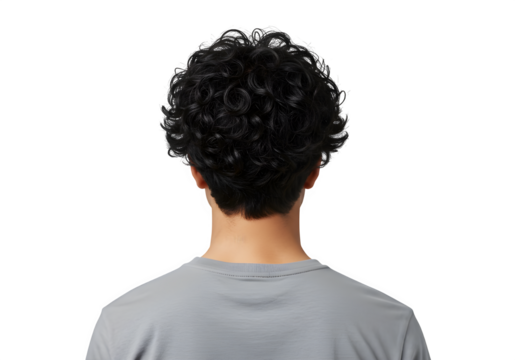 Back view of curly-haired man, isolated on white or transparent background. PNG