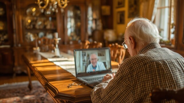 Senior Patient Consulting with Doctor via Telehealth in Warm Home Setting