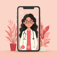 Telemedicine Nurse on Video Call, Simple Healthcare Background with Copy Space, Professional Yet Approachable