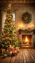 Cozy festive birthday room with a crackling fireplace and decorated Christmas tree