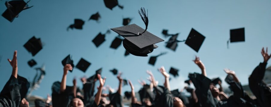 Graduation celebration with caps thrown in air
