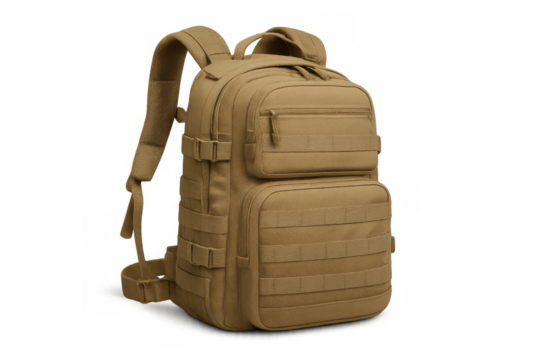 Khaki tactical backpack standing on transparent background, ideal for military or hiking purposes