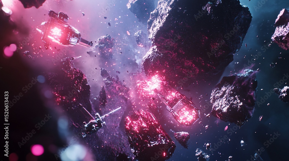 Aufkleber neon spaceships navigating asteroid field