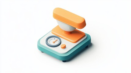 Isometric 3D render of a stylized teal and orange scale with a dial and button