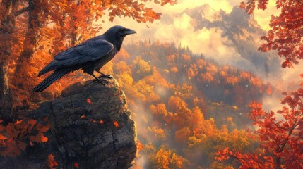 Raven Perched on Autumn Rock Overlooking Misty Forest