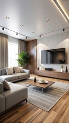 Modern living room with sleek sofa and large flat-screen TV