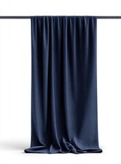 A deep navy blue fabric panel hangs from a rod against a white background, showcasing its texture and drape