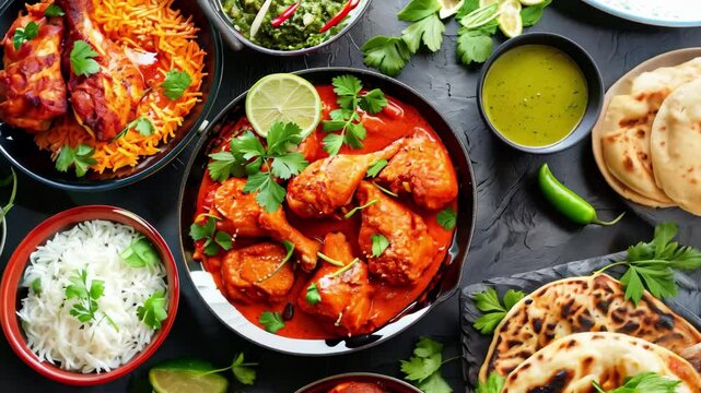 An exquisite Indian food feast featuring chicken tikka masala served with flavorful sides such as rice, naan, and vibrant curries at an exciting dinner gathering