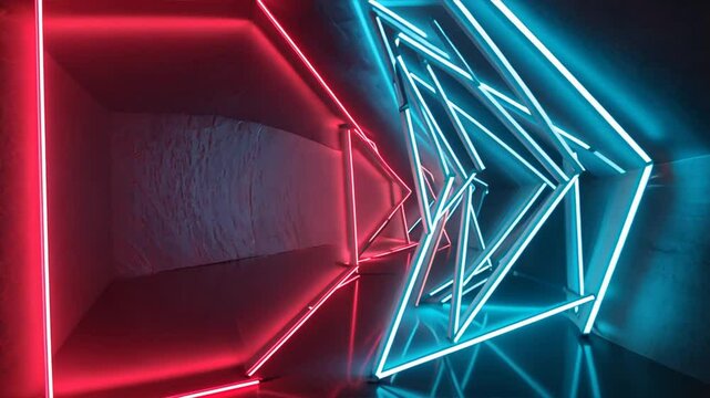 Neon lights forming arrow patterns on wall, 3d installation