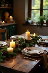 Rustic wooden table, adorned with a garland, pine cones, and candles , candlelight, christmas spirit, garland