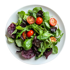 Fresh Mixed Green Salad with Cherry Tomatoes and Lettuce Leaves on White Plate Healthy Vegetarian Meal