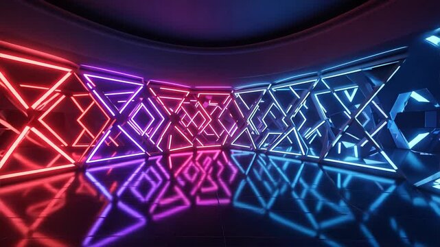 Neon light pattern in geometric shapes on a curved wall. 3d installation on a shiny floor