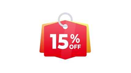 Animated 15 percent off discount tag on white and green screen