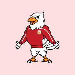 White Eagle or Garuda wearing red football jersey vintage retro mascot character pose and celebration. Fit for team branding, merchandise, event graphics, or promotional material.