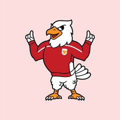 White Eagle or Garuda wearing red football jersey vintage retro mascot character pose and celebration. Fit for team branding, merchandise, event graphics, or promotional material.