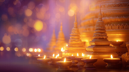 Festival Buddha's Birthday, Buddhist temple illuminated with soft lights during Vesak, Ai generated images