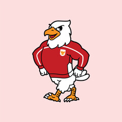 White Eagle or Garuda wearing red football jersey vintage retro mascot character pose and celebration. Fit for team branding, merchandise, event graphics, or promotional material.