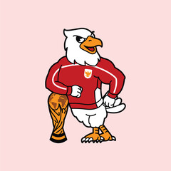 White Eagle or Garuda wearing red football jersey vintage retro mascot character pose and celebration. Fit for team branding, merchandise, event graphics, or promotional material.