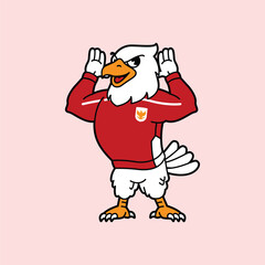 White Eagle or Garuda wearing red football jersey vintage retro mascot character pose and celebration. Fit for team branding, merchandise, event graphics, or promotional material.