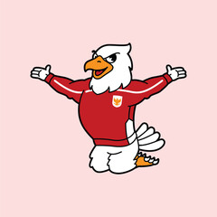 White Eagle or Garuda wearing red football jersey vintage retro mascot character pose and celebration. Fit for team branding, merchandise, event graphics, or promotional material.