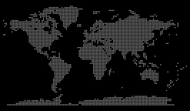 Dotted vector world map on black background with detailed geographic representation of every continent. Ideal for cartography, infographics, or presentations. Dotted world map in country boundary