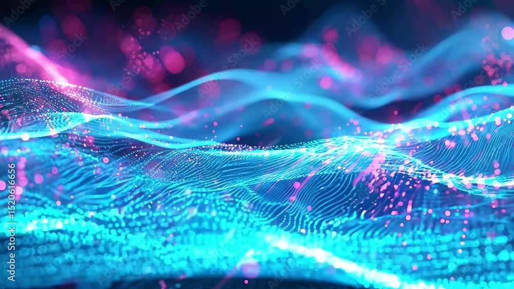 Poster an abstract digital background displaying vibrant flowing waves of light in shades of blue and pink,