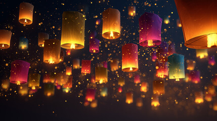 Obraz premium Festival Buddha's Birthday, colorful Vesak lanterns floating in the night sky, Ai generated images