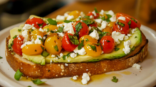 avocado toast with cherry tomatoes and feta cheese