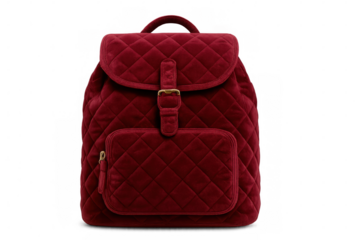 Stylish red velvet backpack with quilted pattern, golden buckle, and zippered pocket, isolated on transparent background, perfect for fashion and accessory projects