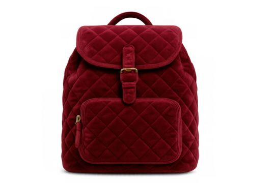 Stylish red velvet backpack with quilted pattern, golden buckle, and zippered pocket, isolated on transparent background, perfect for fashion and accessory projects