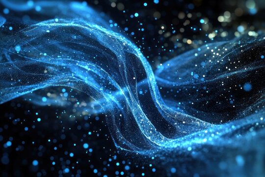 Particle wave simulation with blue glowing dots, flowing energy concept