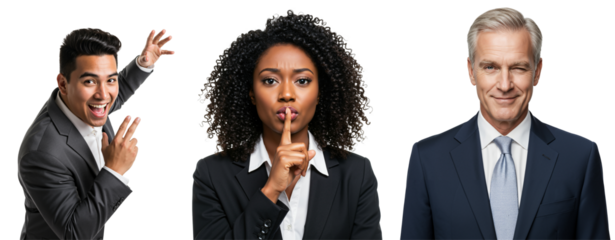 Professional Group of Two Men and One Woman in Business Attire with Diverse Expressions