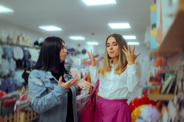Women Argue in a Store Causing a Troubled Situation. People gesticulating trying to solve a conflict in a shop

