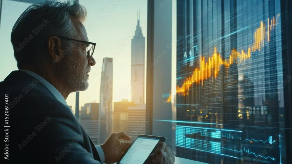 Poster analyzing financial market trends on a tablet with data visualizations in an office