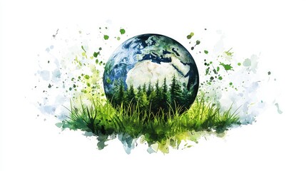 Earth surrounded by lush greenery and watercolor splashes.