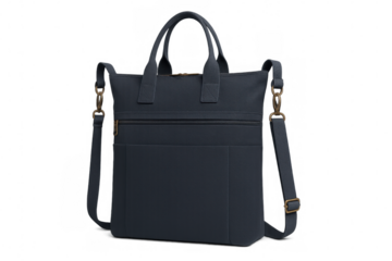 Modern blue tote bag featuring a convenient shoulder strap, ideal for everyday use or travel, presented on a transparent background