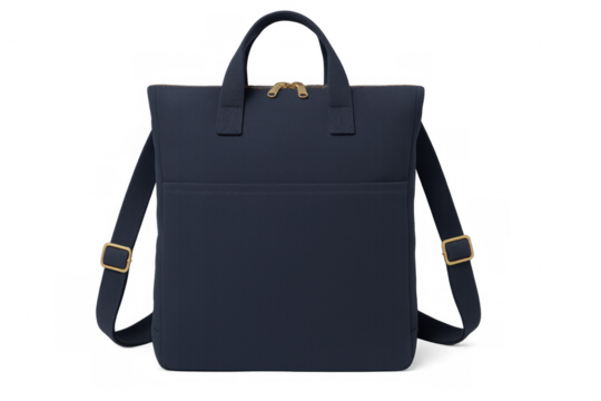 Chic navy tote with gleaming gold accents, holding daily necessities, positioned against clean transparent backdrop